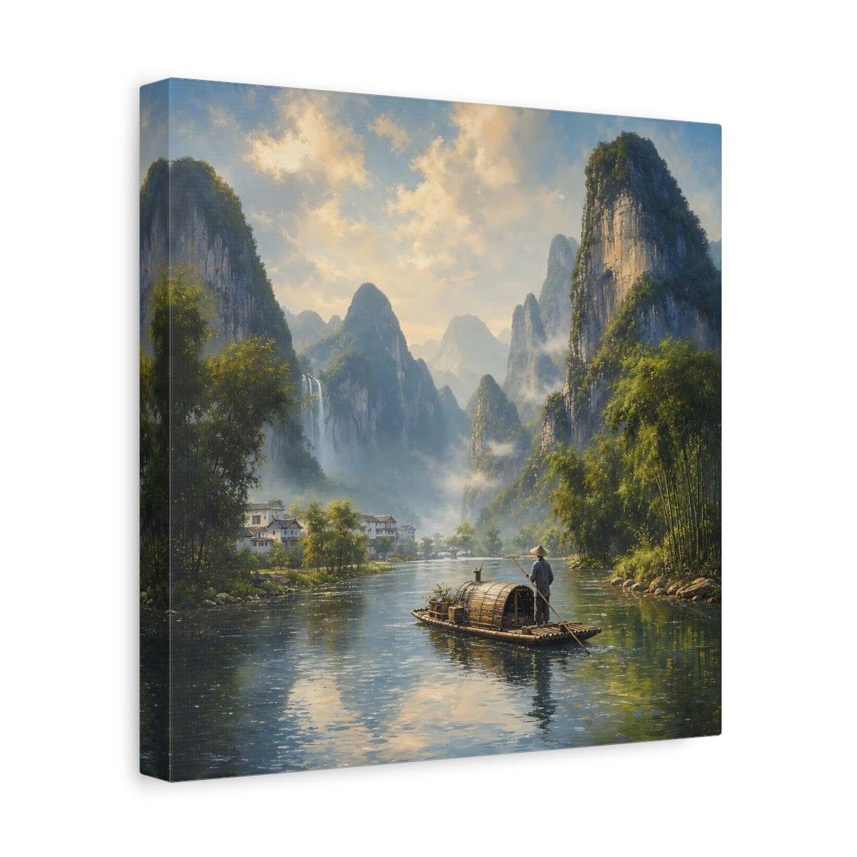 Side Mockup 8. Nature River Boat Asian River Landscape shown as stretched canvas wall art