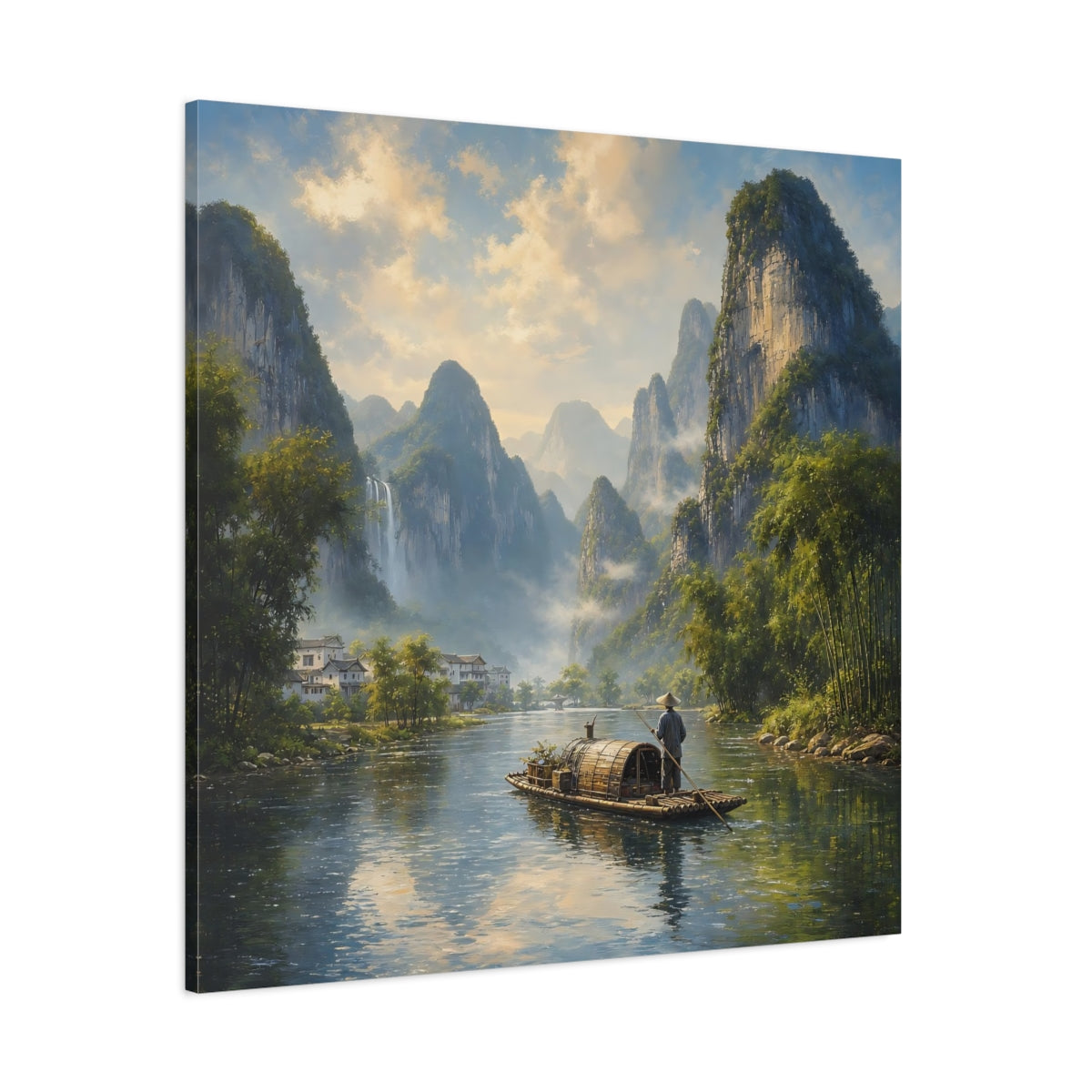 Side Mockup 1. Nature River Boat Asian River Landscape shown as stretched canvas wall art