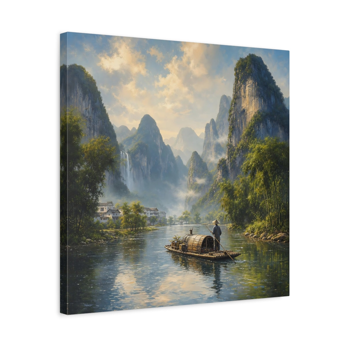 Side Mockup 5. Nature River Boat Asian River Landscape shown as stretched canvas wall art