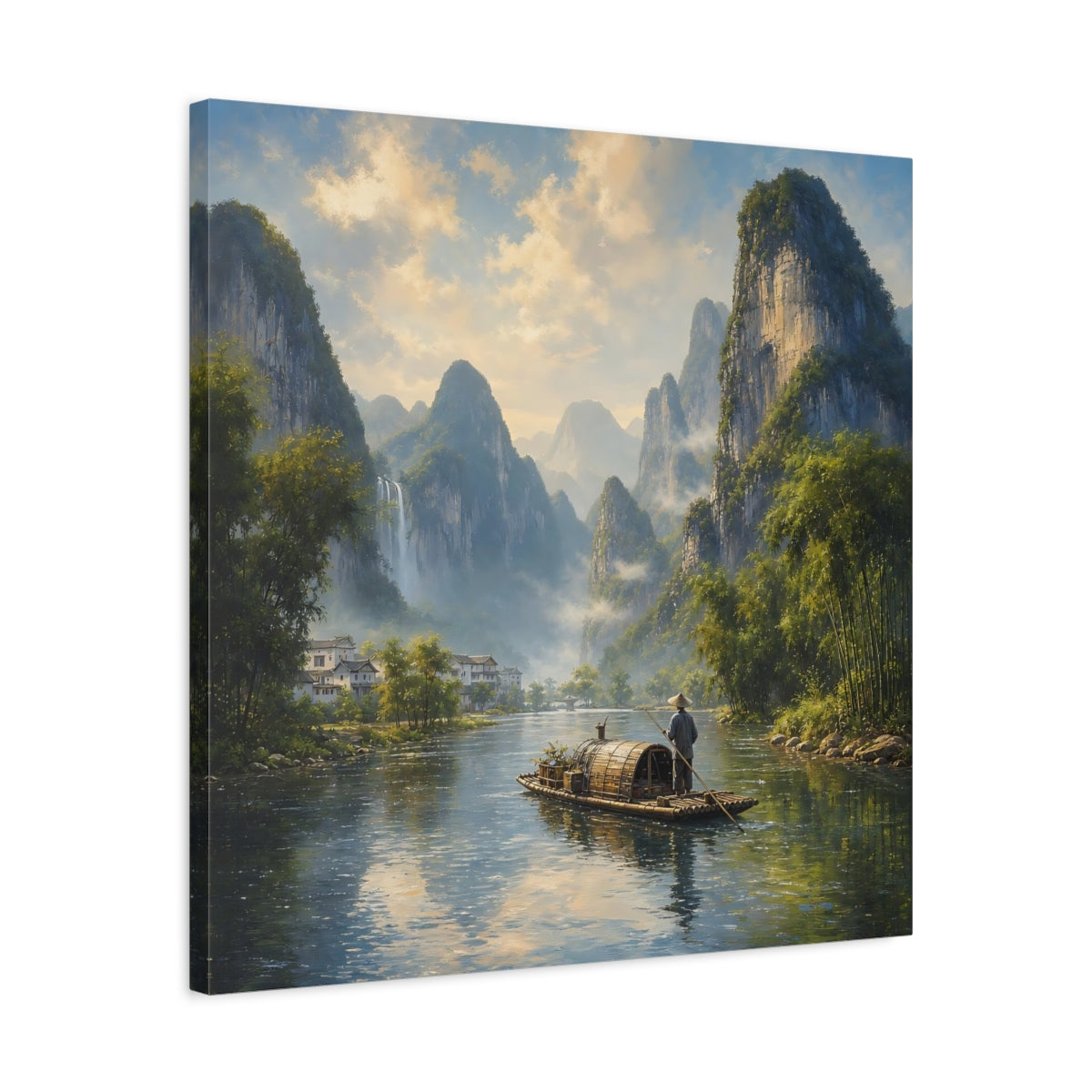 Side Mockup 4. Nature River Boat Asian River Landscape shown as stretched canvas wall art