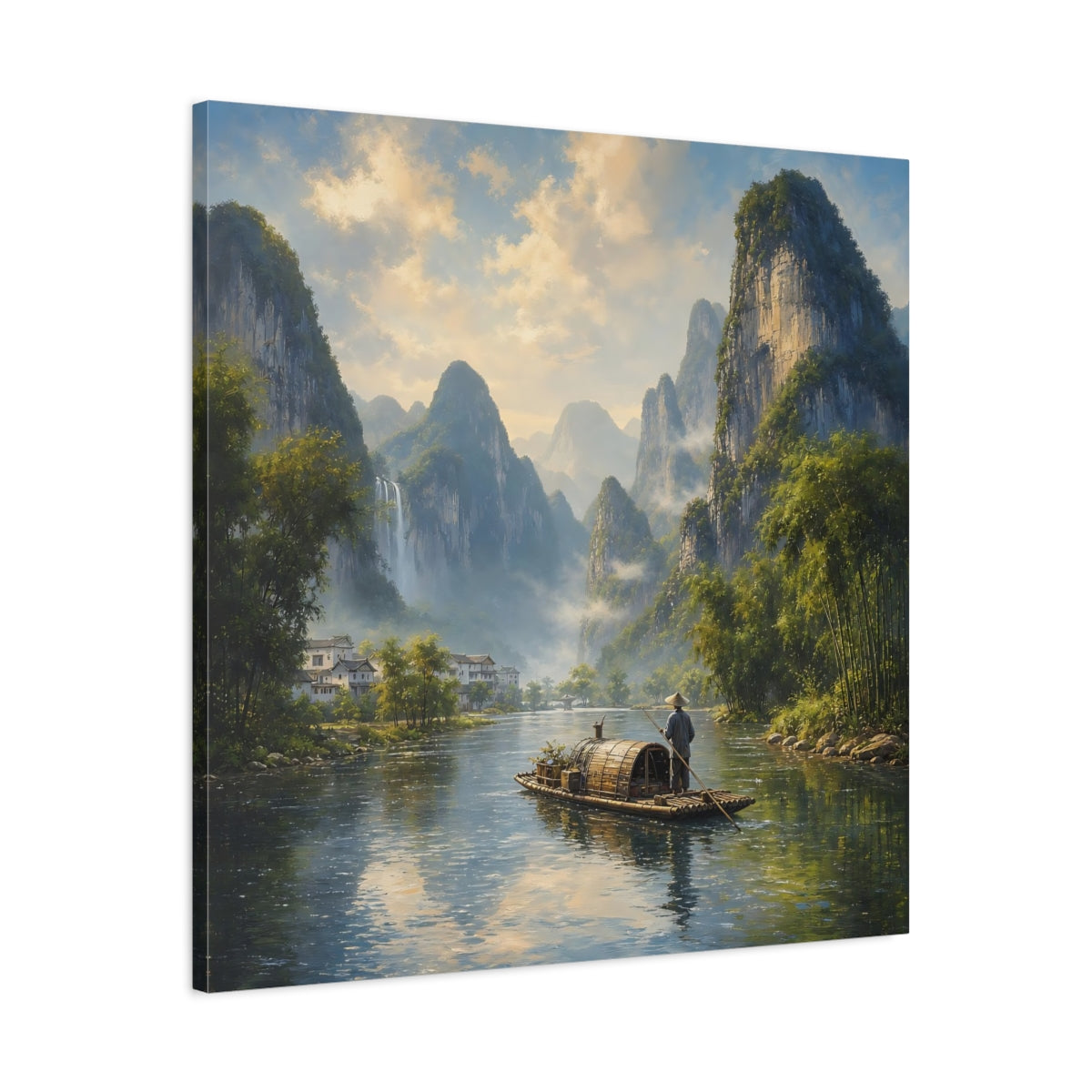 Side Mockup 3. Nature River Boat Asian River Landscape shown as stretched canvas wall art