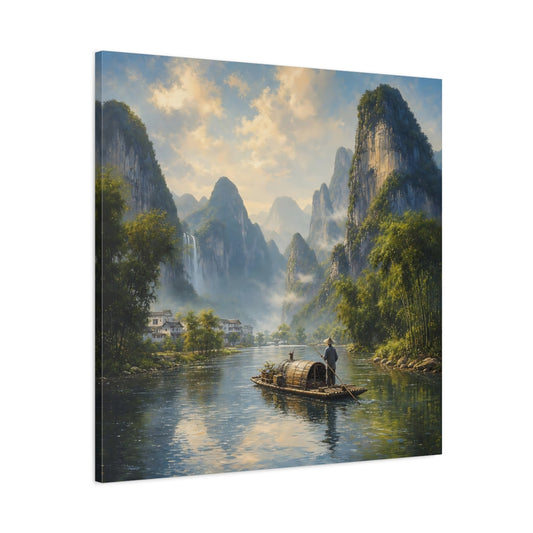Main Mockup. Nature River Boat Asian River Landscape shown as stretched canvas wall art
