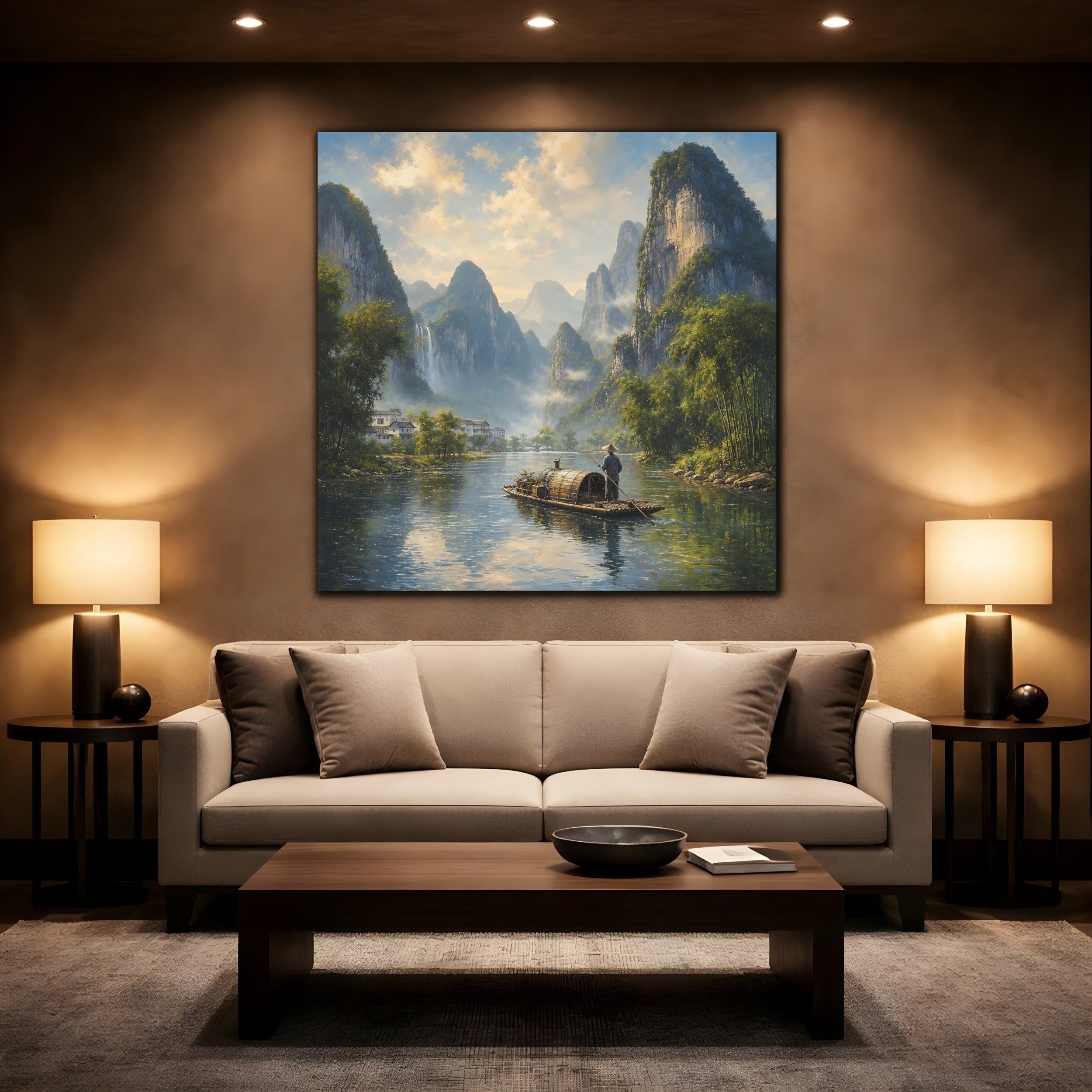 Mockup 2. Nature River Boat Asian River Landscape shown as stretched canvas wall art