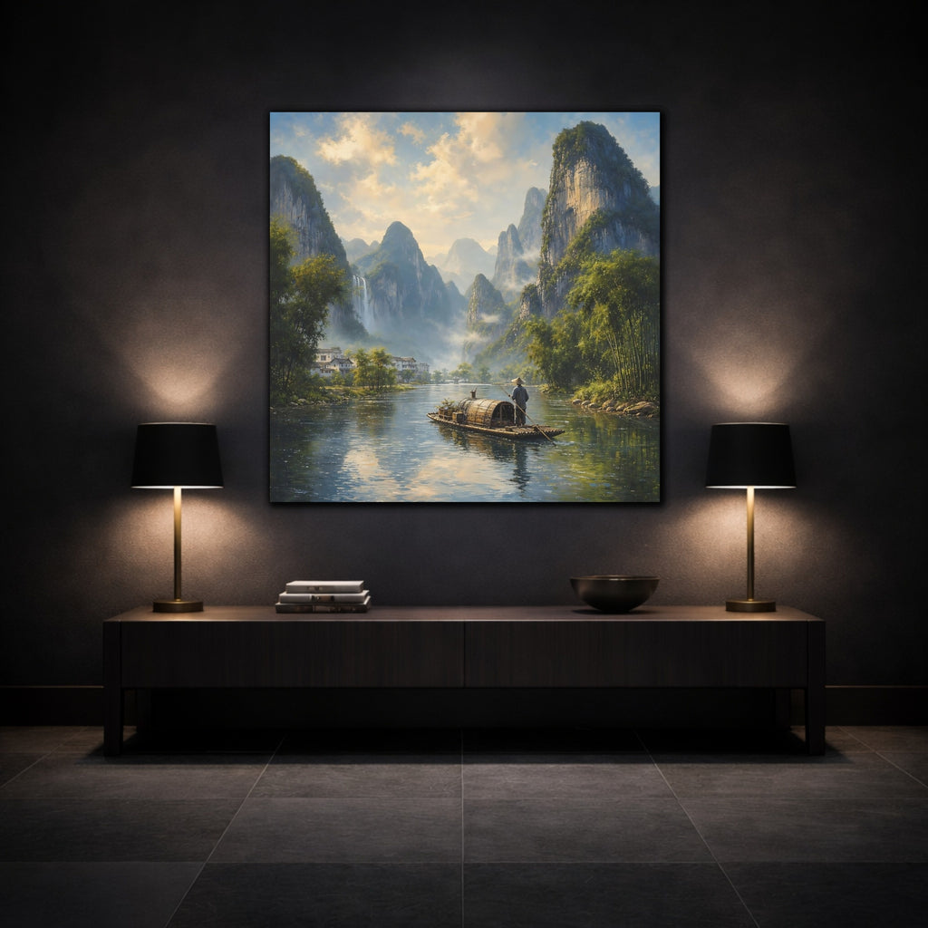 Mockup 3. Nature River Boat Asian River Landscape shown as stretched canvas wall art