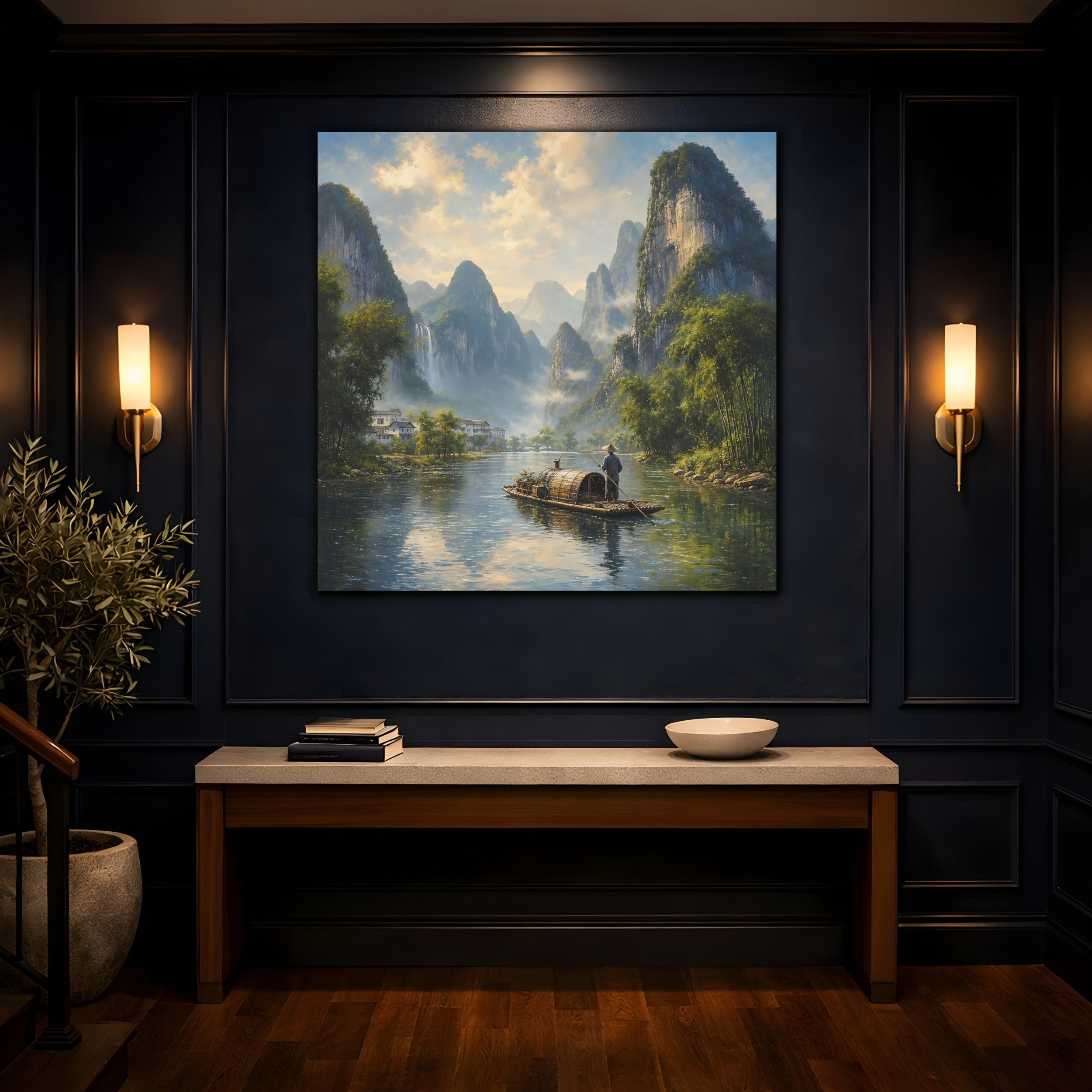 Mockup 4. Nature River Boat Asian River Landscape shown as stretched canvas wall art
