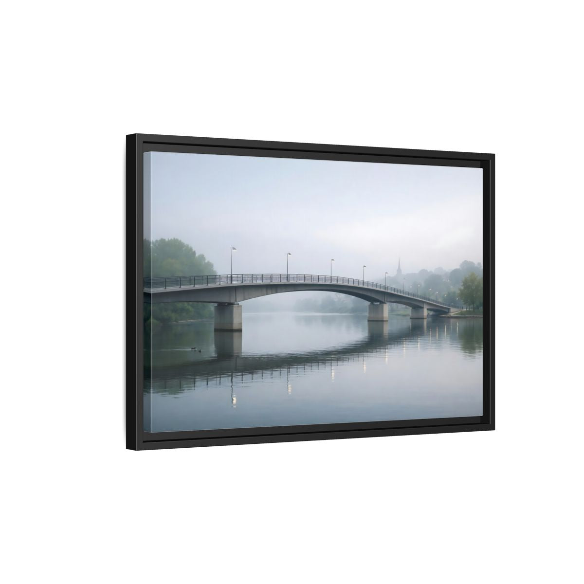 Side Mockup 3. Nature River Bridge Misty River shown as stretched canvas wall art