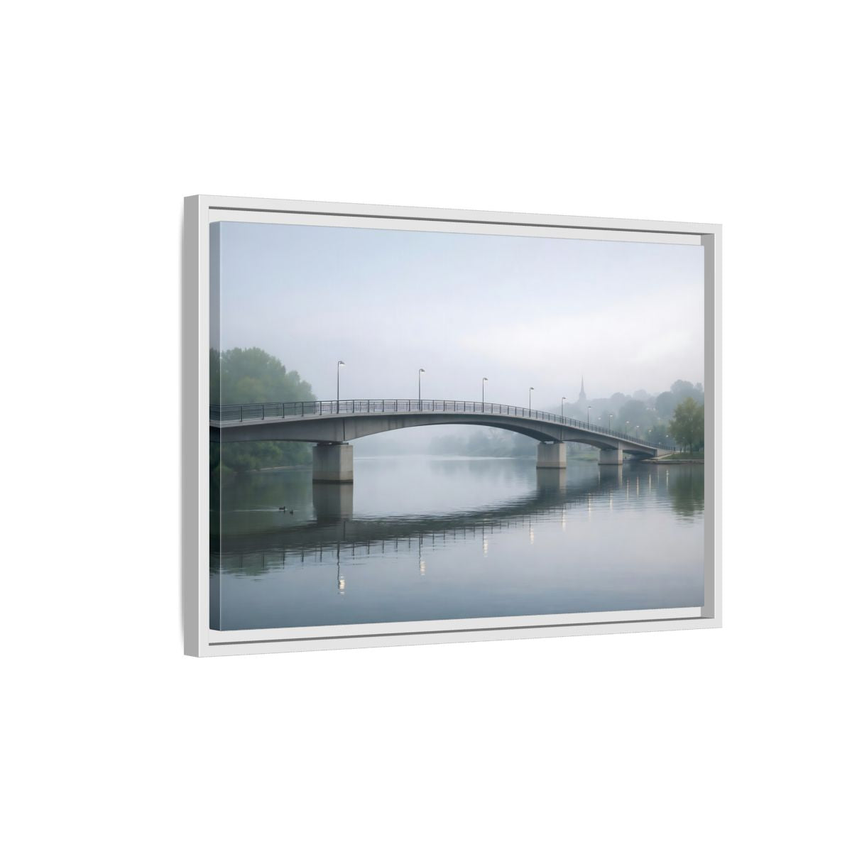 Side Mockup 1. Nature River Bridge Misty River shown as stretched canvas wall art