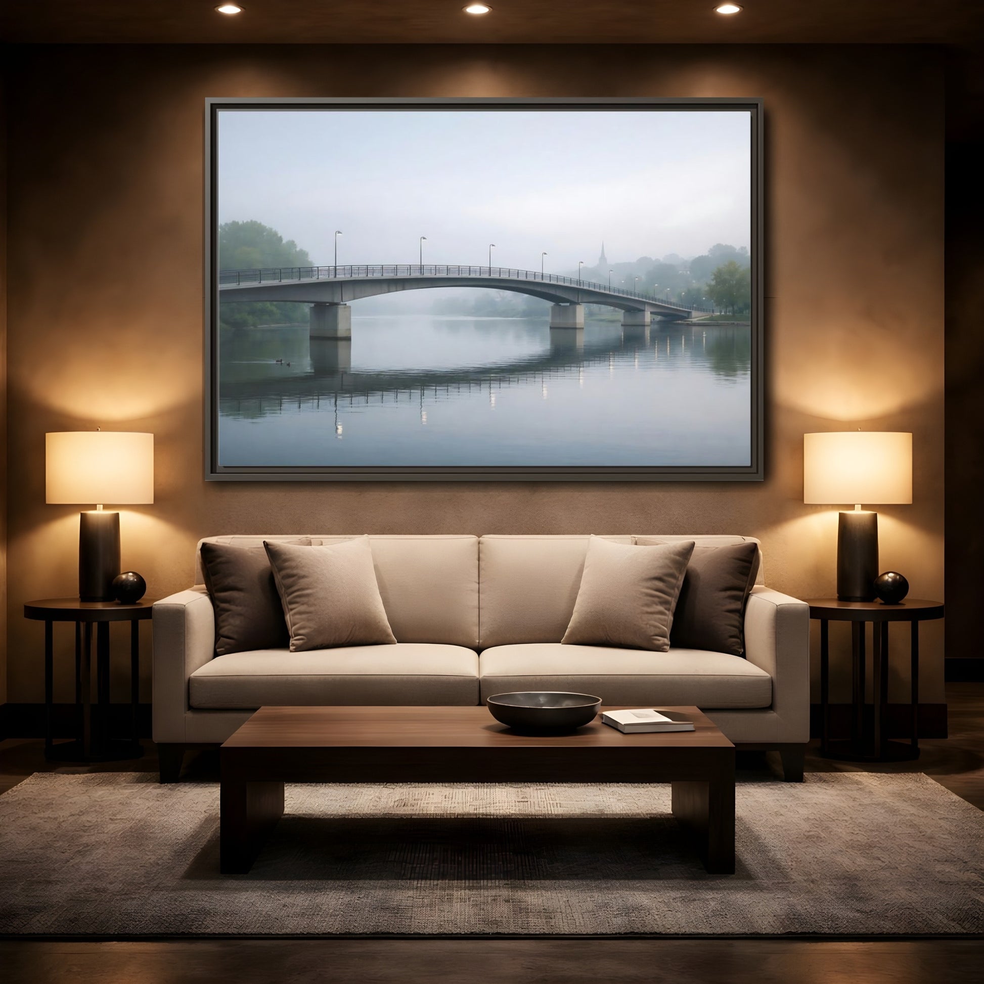 Mockup 2. Nature River Bridge Misty River shown as stretched canvas wall art