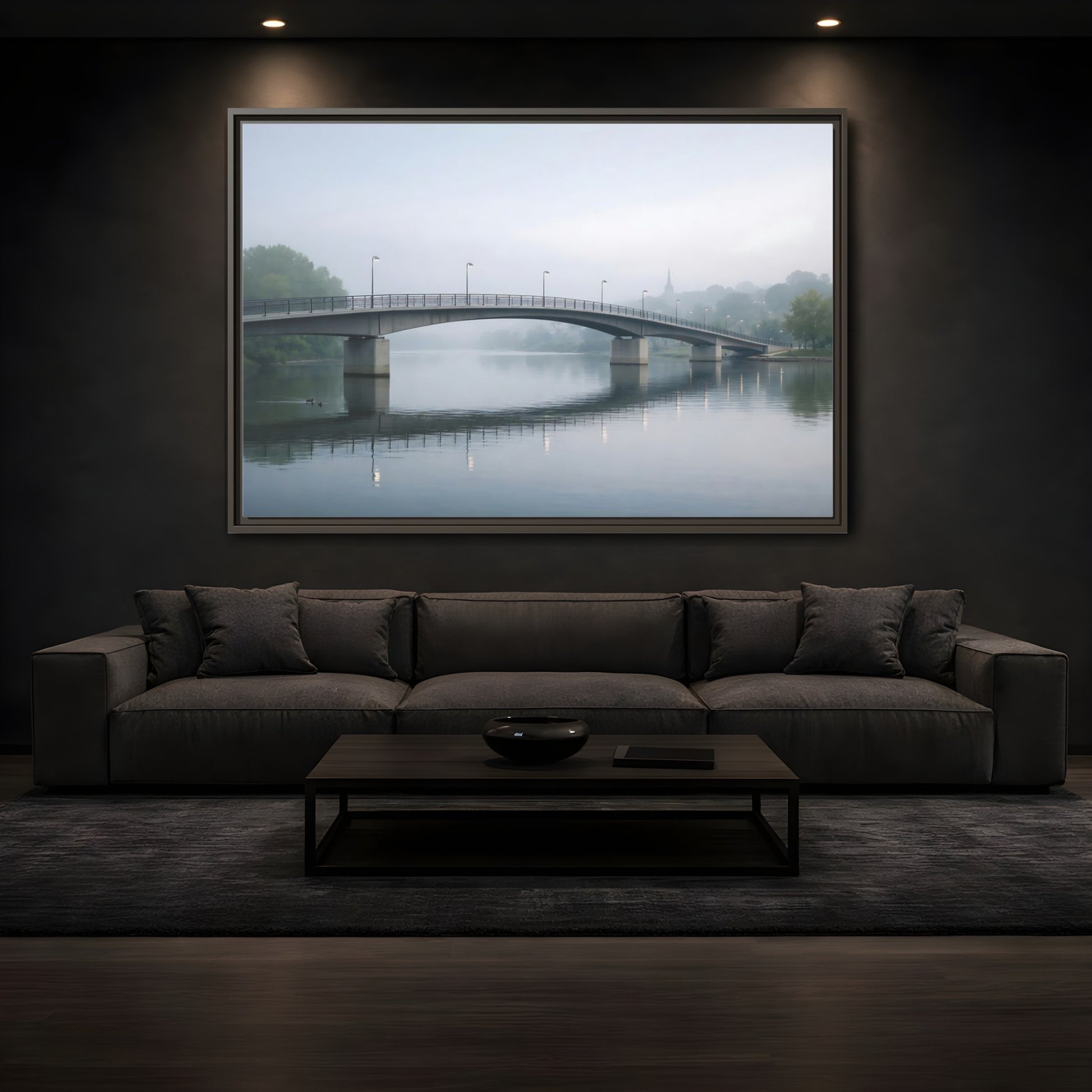 Mockup 3. Nature River Bridge Misty River shown as stretched canvas wall art