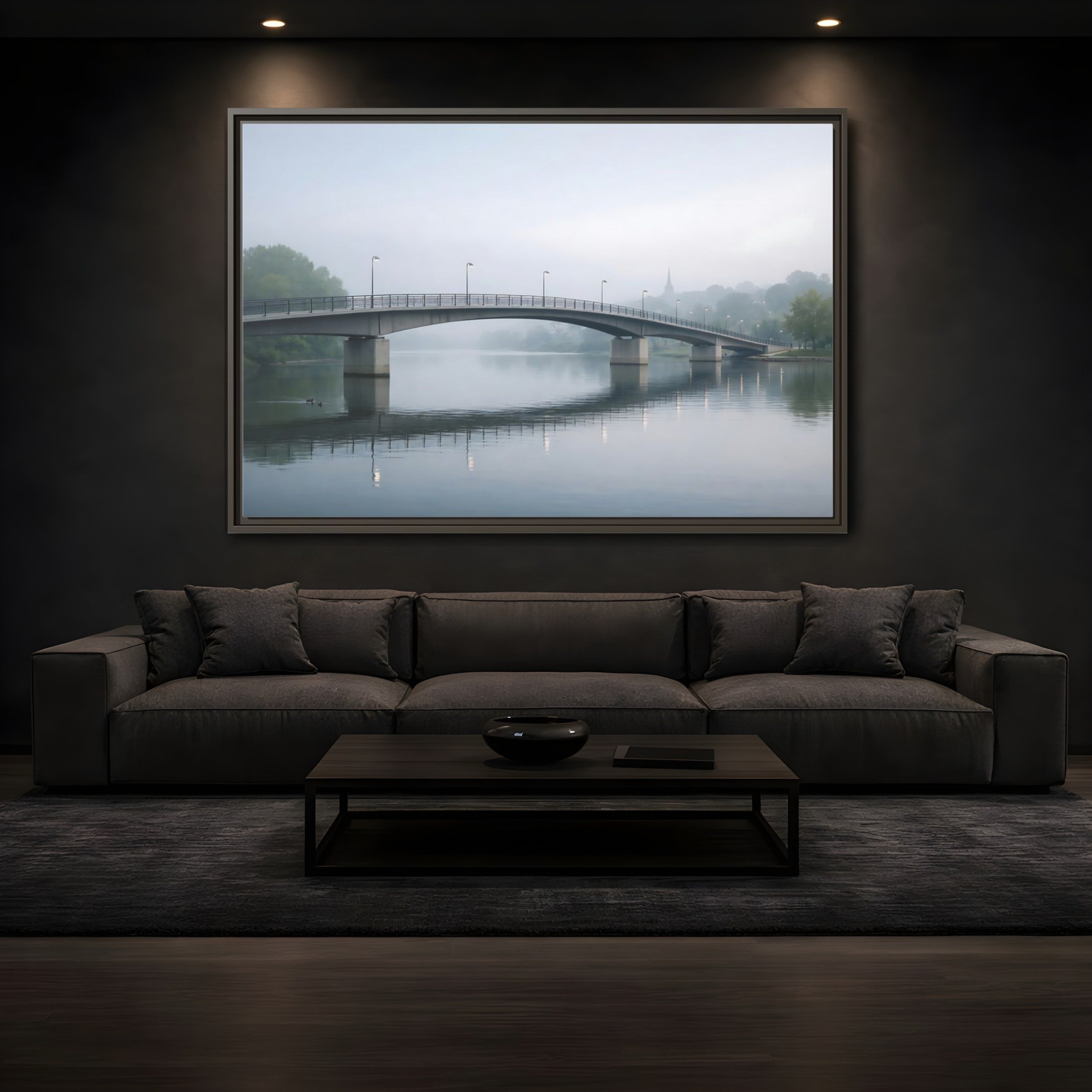 Mockup 3. Nature River Bridge Misty River shown as stretched canvas wall art