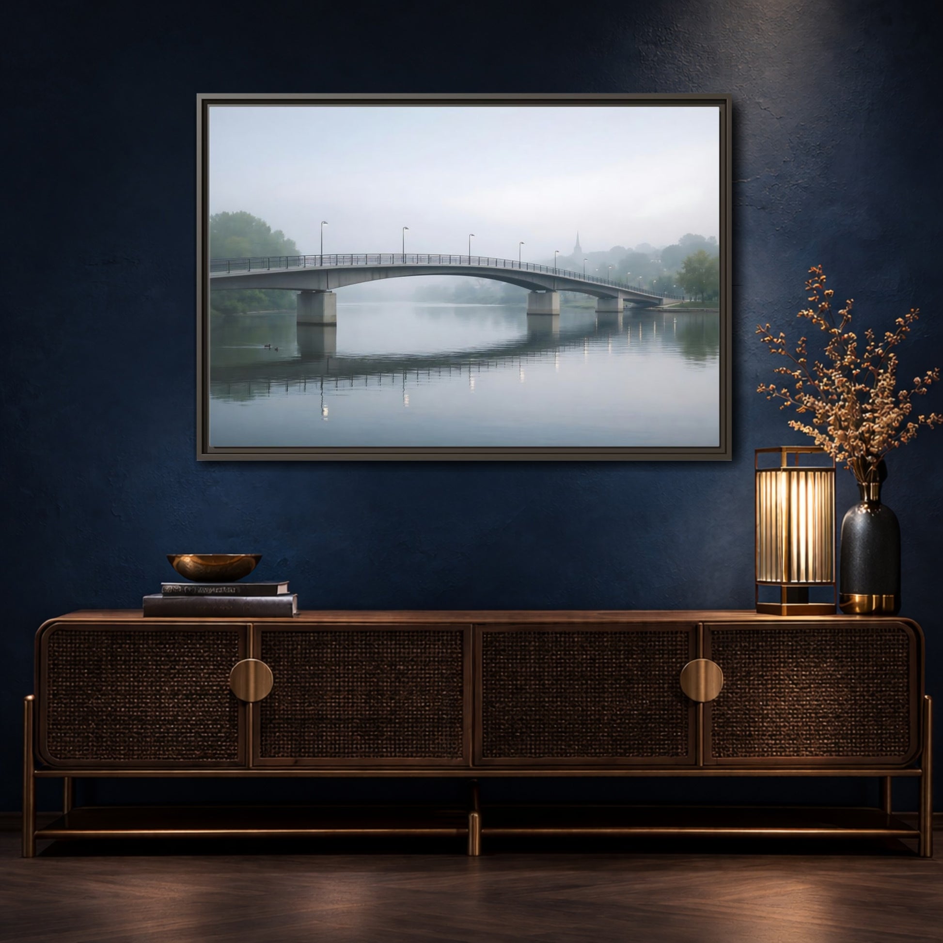 Mockup 4. Nature River Bridge Misty River shown as stretched canvas wall art