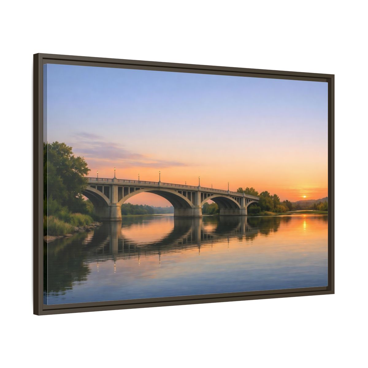 Main Mockup. Nature River Bridge Sunset Bridge View shown as stretched canvas wall art