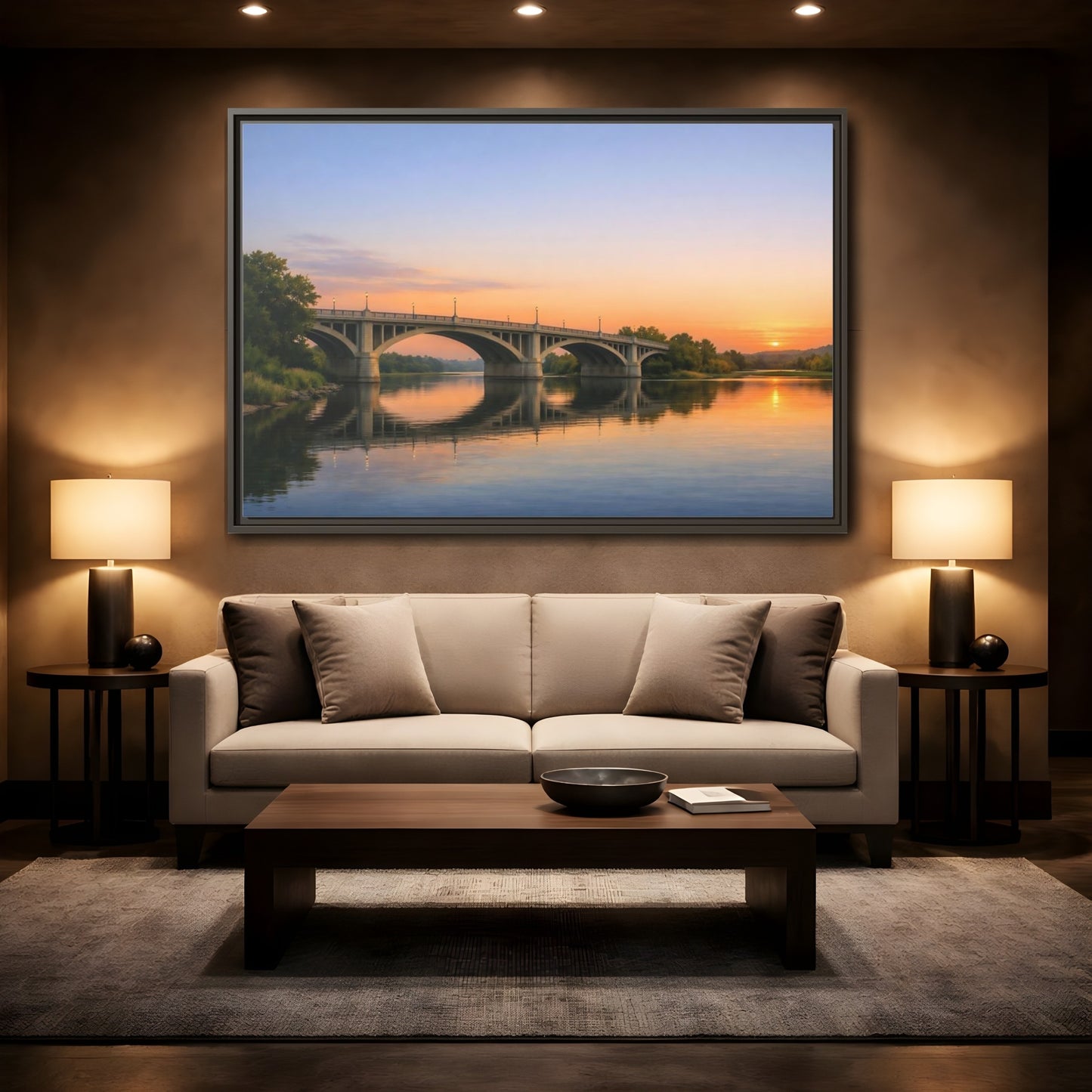 Mockup 2. Nature River Bridge Sunset Bridge View shown as stretched canvas wall art