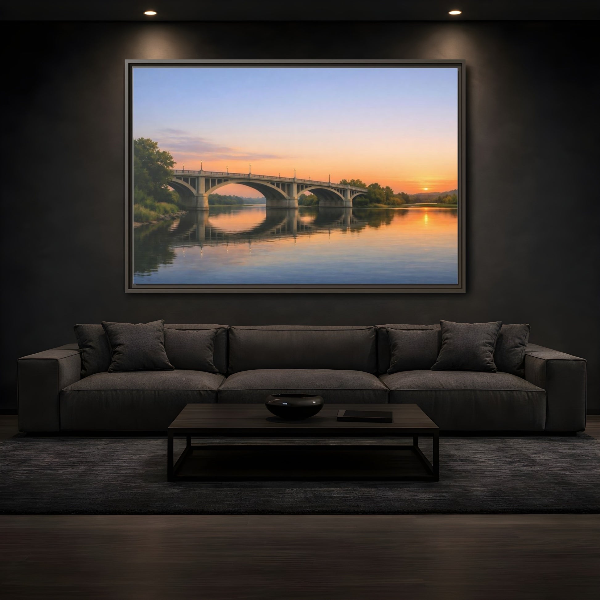 Mockup 3. Nature River Bridge Sunset Bridge View shown as stretched canvas wall art