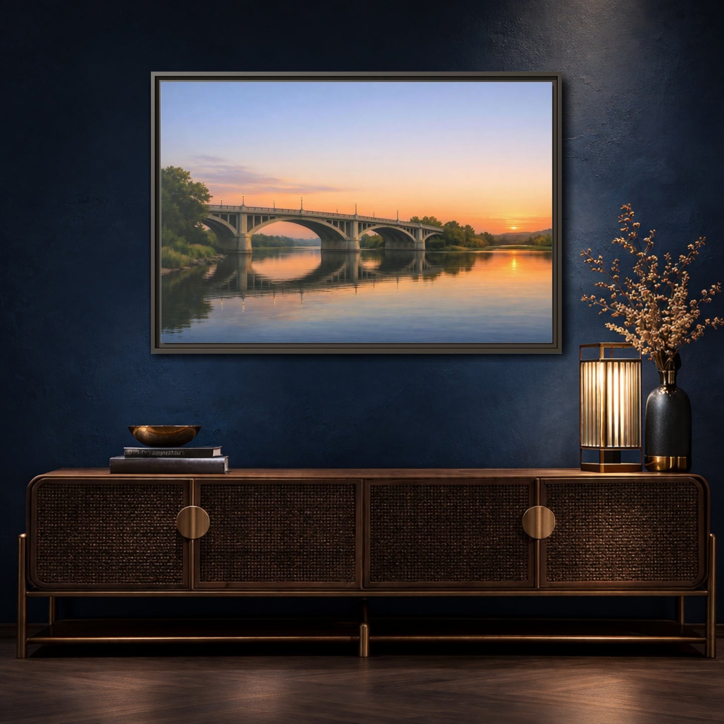 Mockup 4. Nature River Bridge Sunset Bridge View shown as stretched canvas wall art