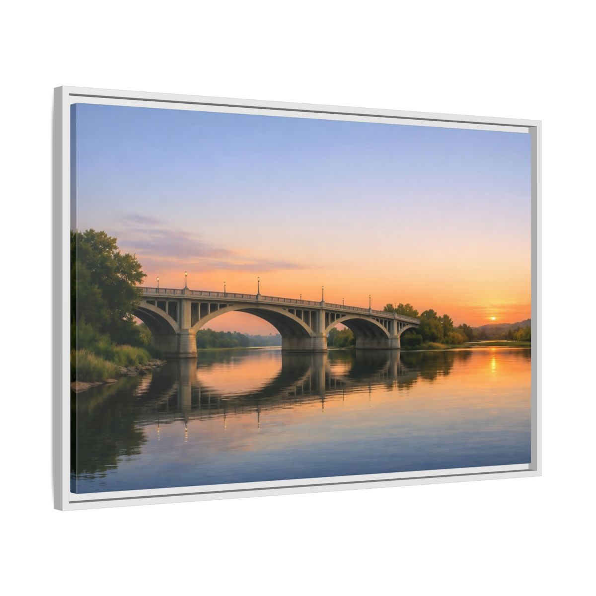 Side Mockup 9. Nature River Bridge Sunset Bridge View shown as stretched canvas wall art