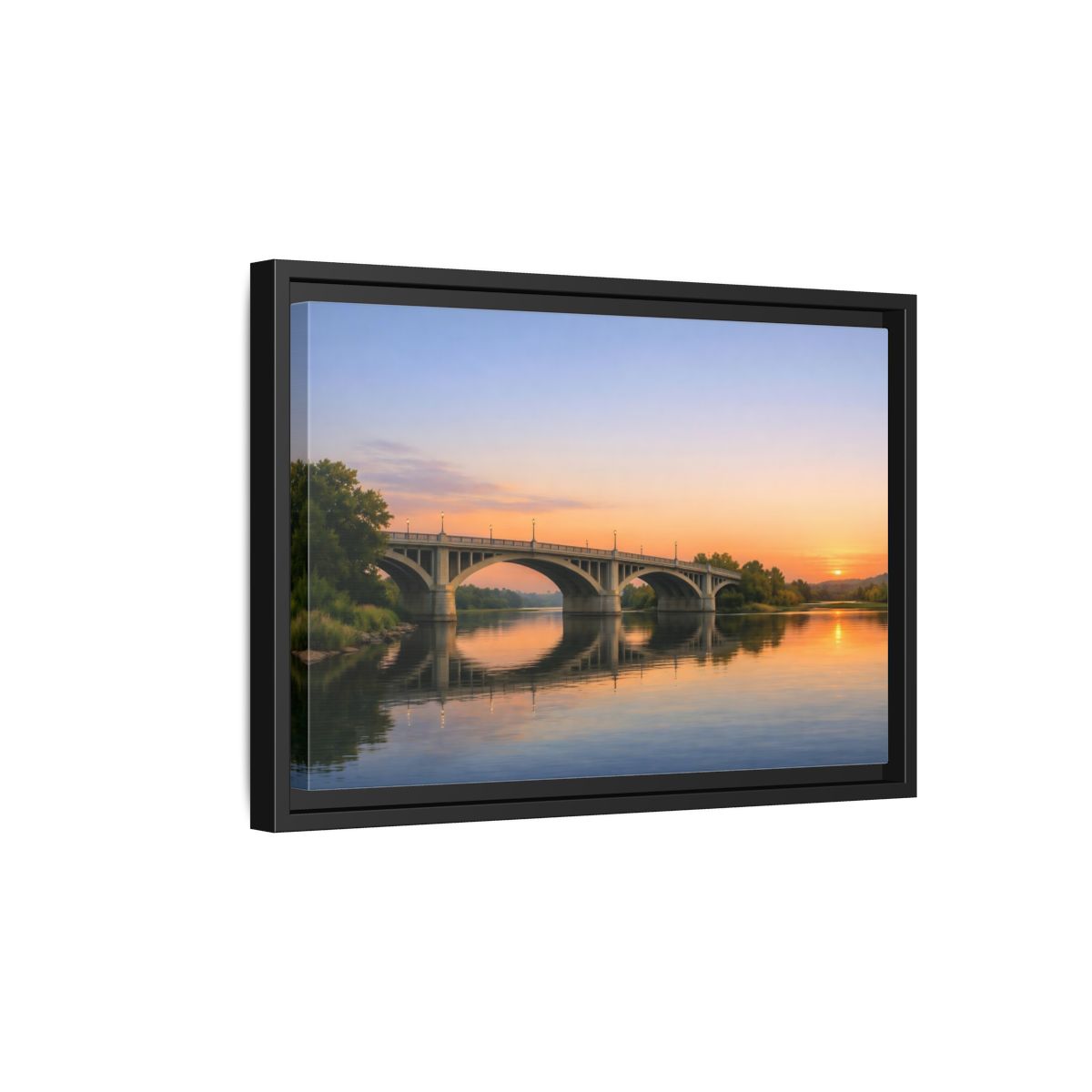 Side Mockup 6. Nature River Bridge Sunset Bridge View shown as stretched canvas wall art