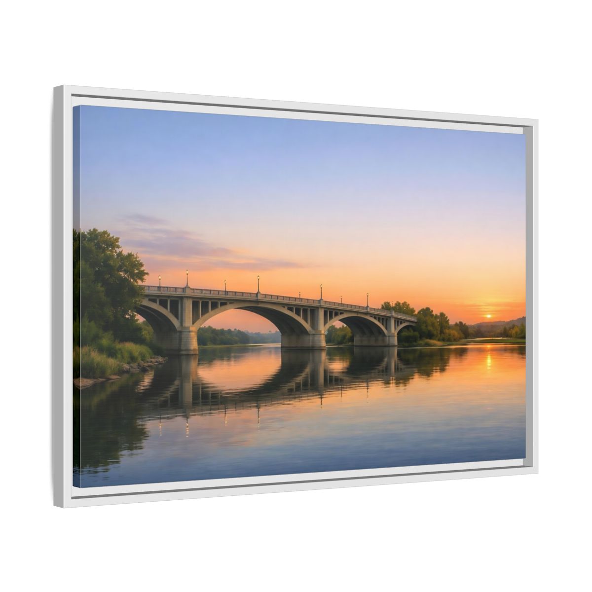 Side Mockup 10. Nature River Bridge Sunset Bridge View shown as stretched canvas wall art