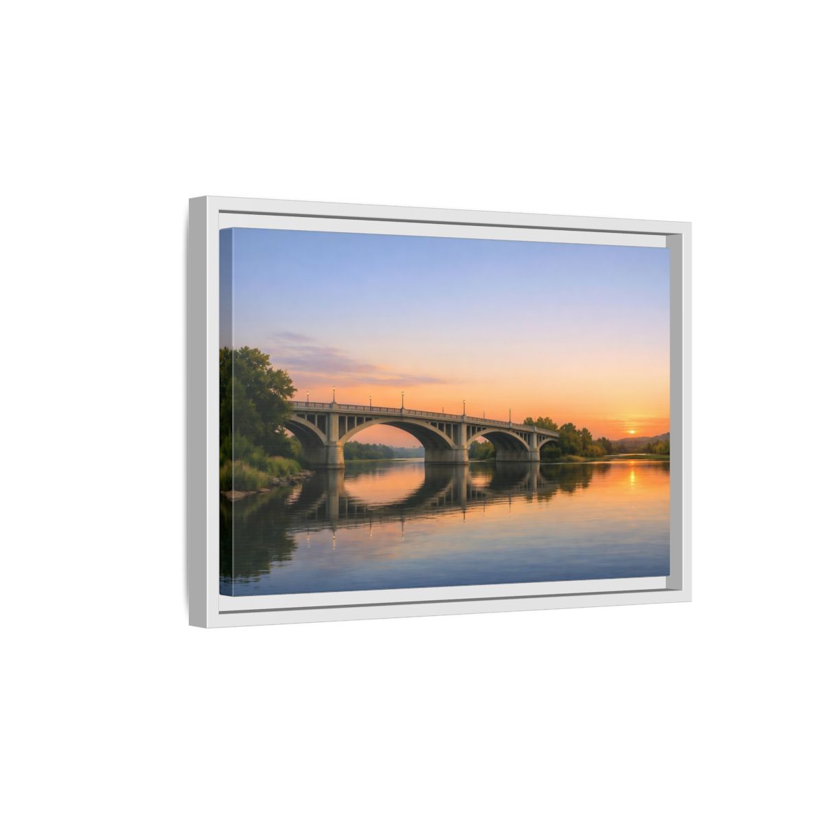 Side Mockup 4. Nature River Bridge Sunset Bridge View shown as stretched canvas wall art