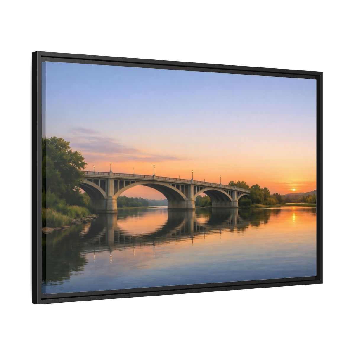Side Mockup 13. Nature River Bridge Sunset Bridge View shown as stretched canvas wall art