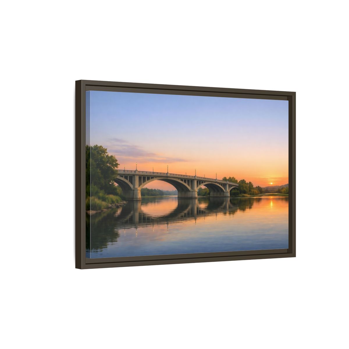 Side Mockup 2. Nature River Bridge Sunset Bridge View shown as stretched canvas wall art