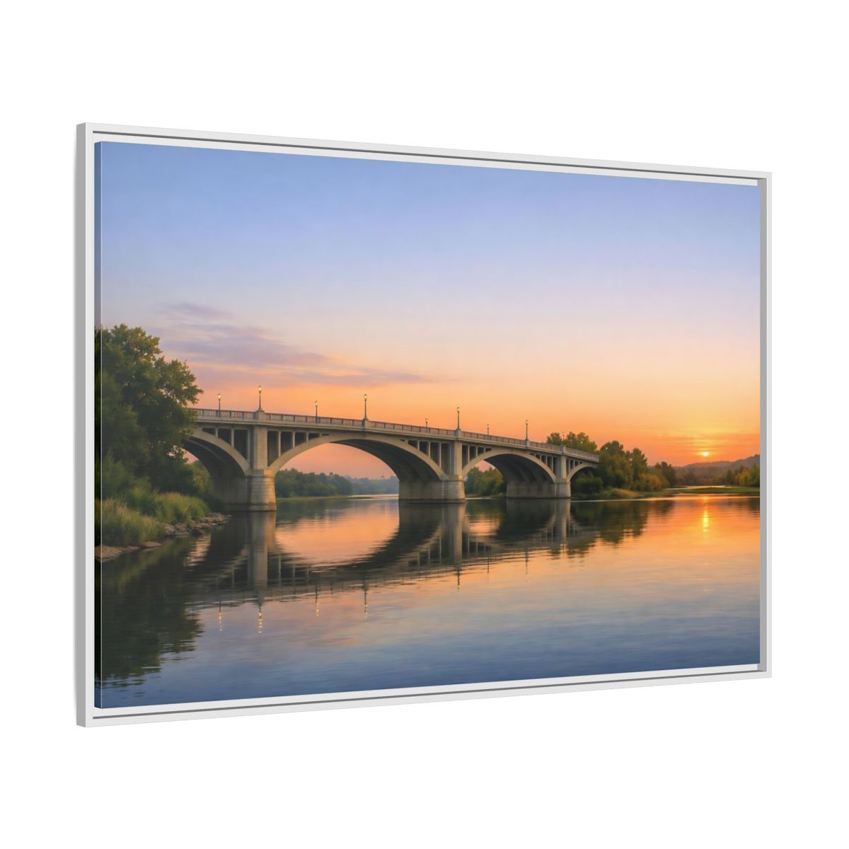 Side Mockup 7. Nature River Bridge Sunset Bridge View shown as stretched canvas wall art