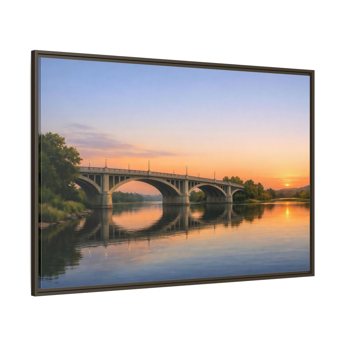Side Mockup 8. Nature River Bridge Sunset Bridge View shown as stretched canvas wall art