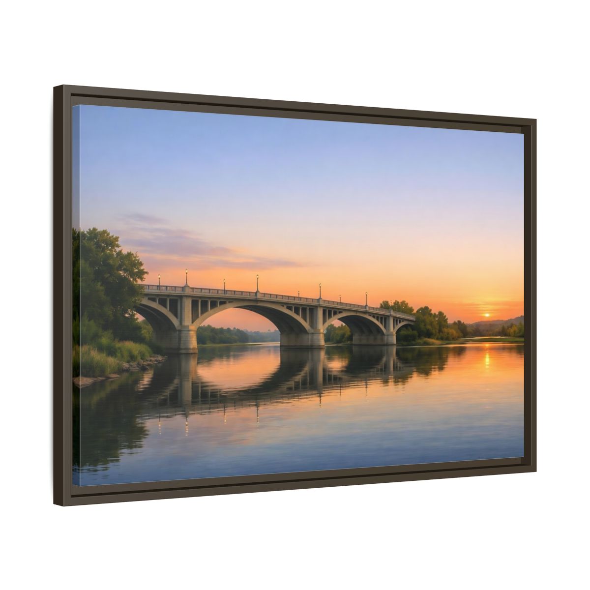 Side Mockup 11. Nature River Bridge Sunset Bridge View shown as stretched canvas wall art