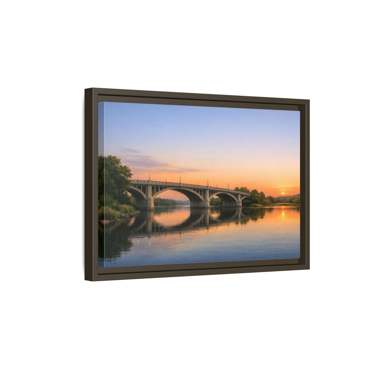 Side Mockup 5. Nature River Bridge Sunset Bridge View shown as stretched canvas wall art