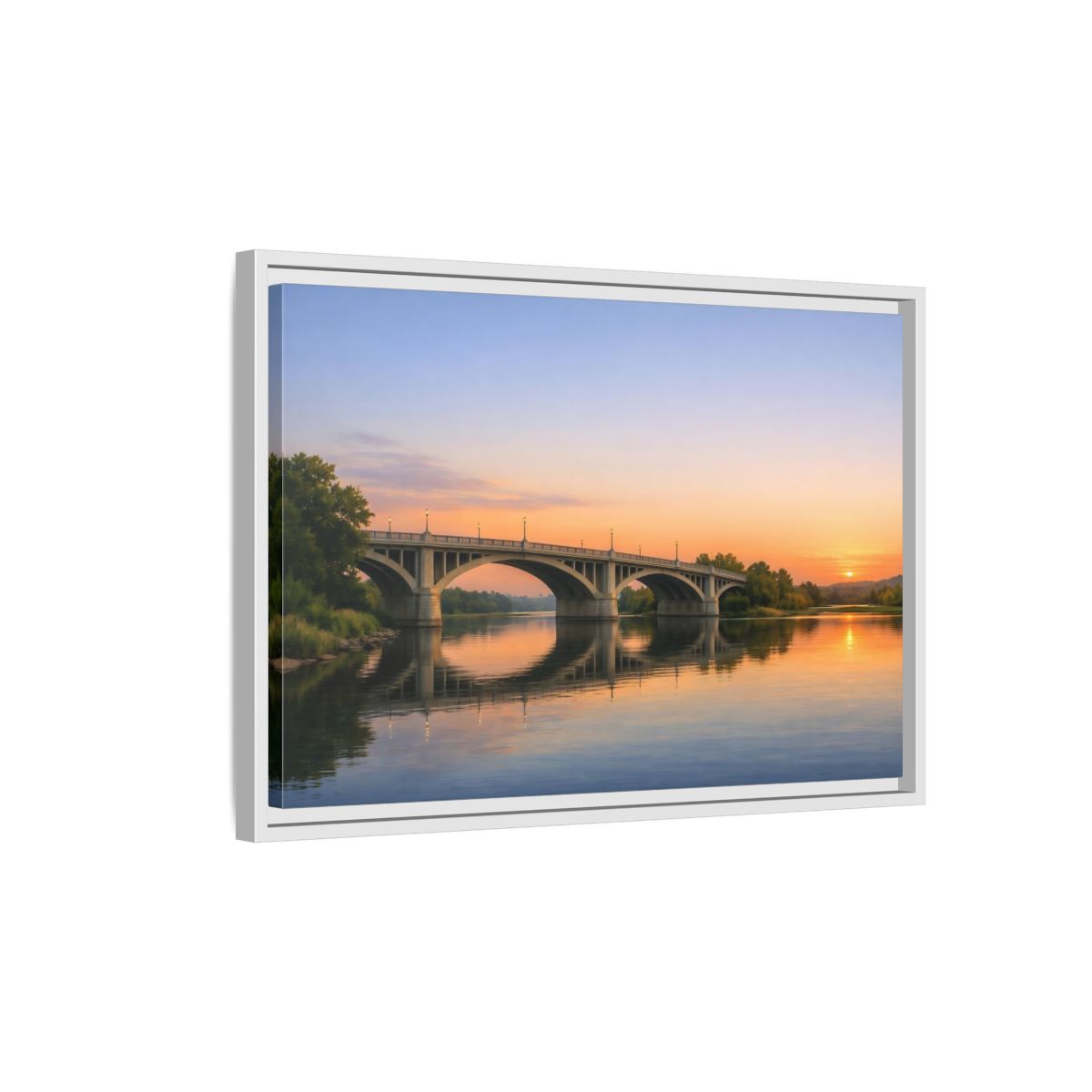 Side Mockup 1. Nature River Bridge Sunset Bridge View shown as stretched canvas wall art