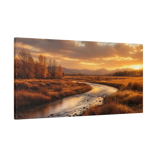 Main Mockup. Nature River Golden River shown as stretched canvas wall art