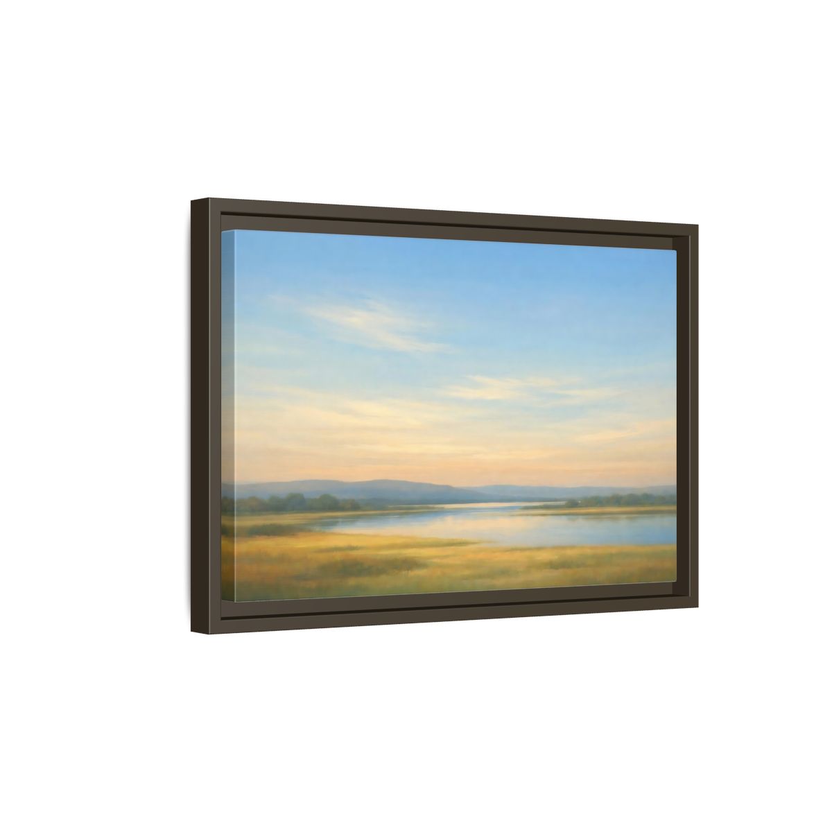 Side Mockup 5. Nature River Landscape Blue And Gold Landscape shown as stretched canvas wall art
