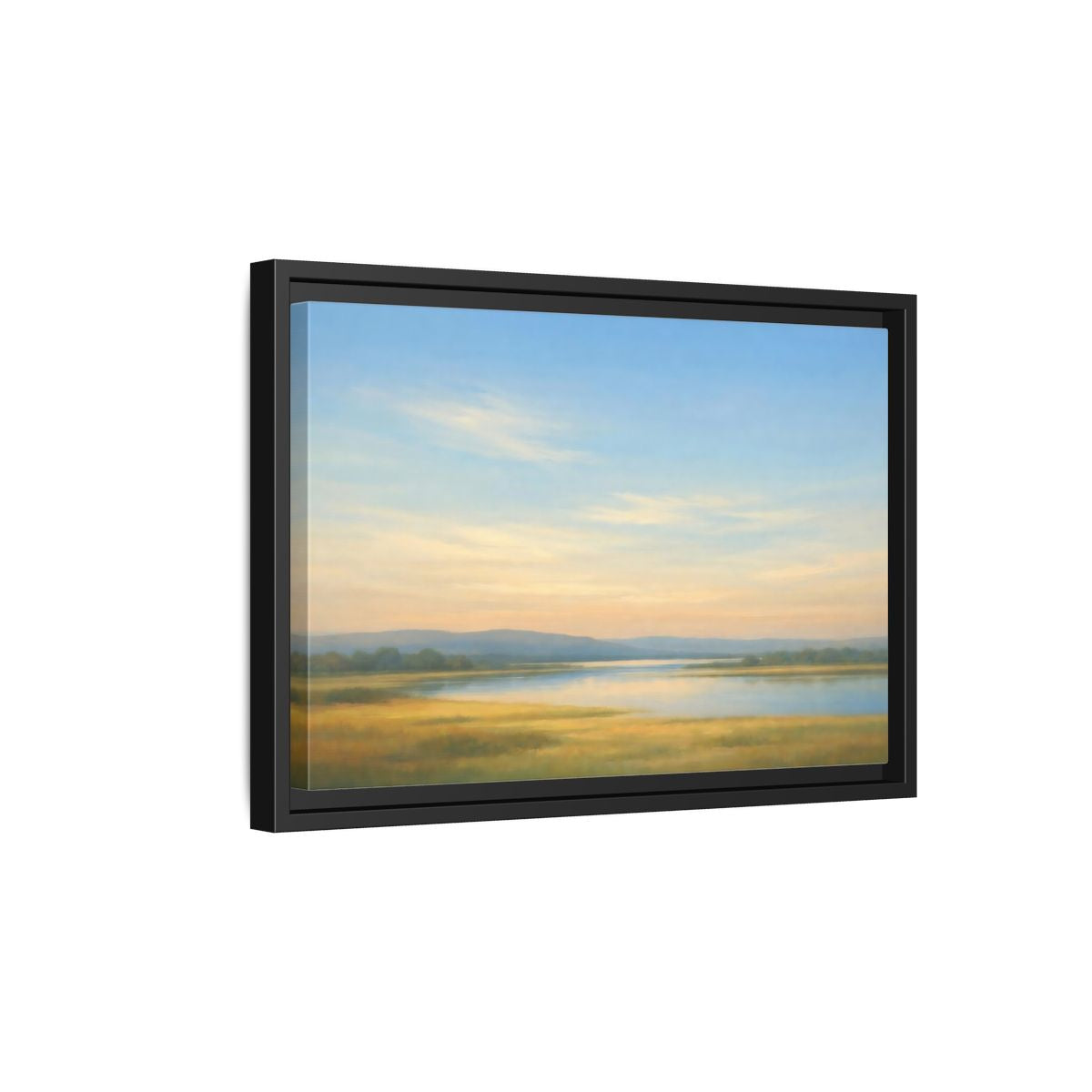 Side Mockup 6. Nature River Landscape Blue And Gold Landscape shown as stretched canvas wall art
