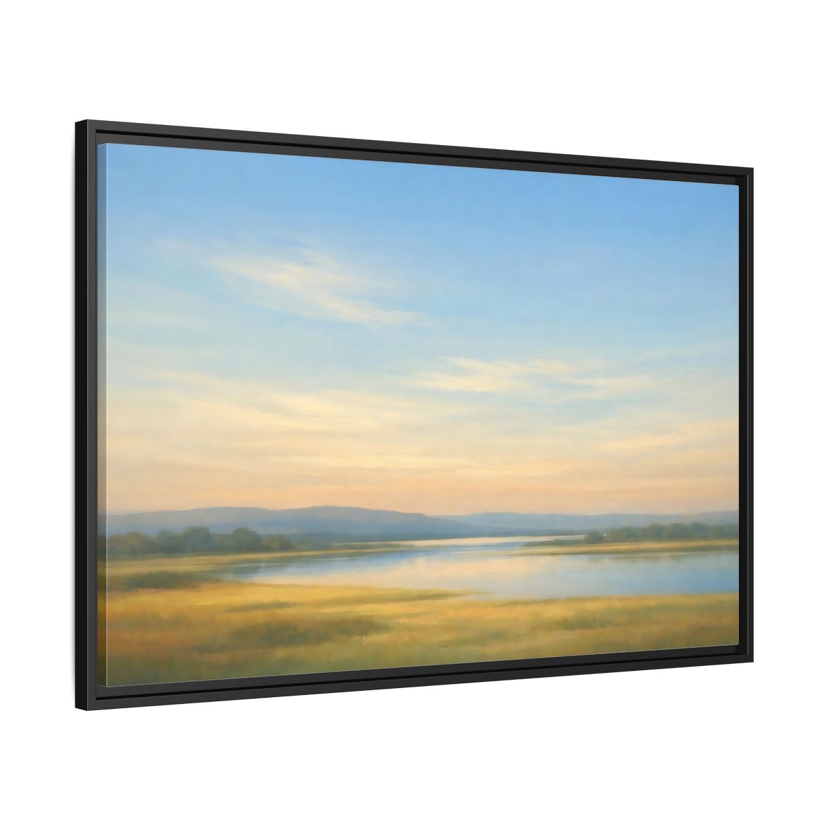 Side Mockup 13. Nature River Landscape Blue And Gold Landscape shown as stretched canvas wall art