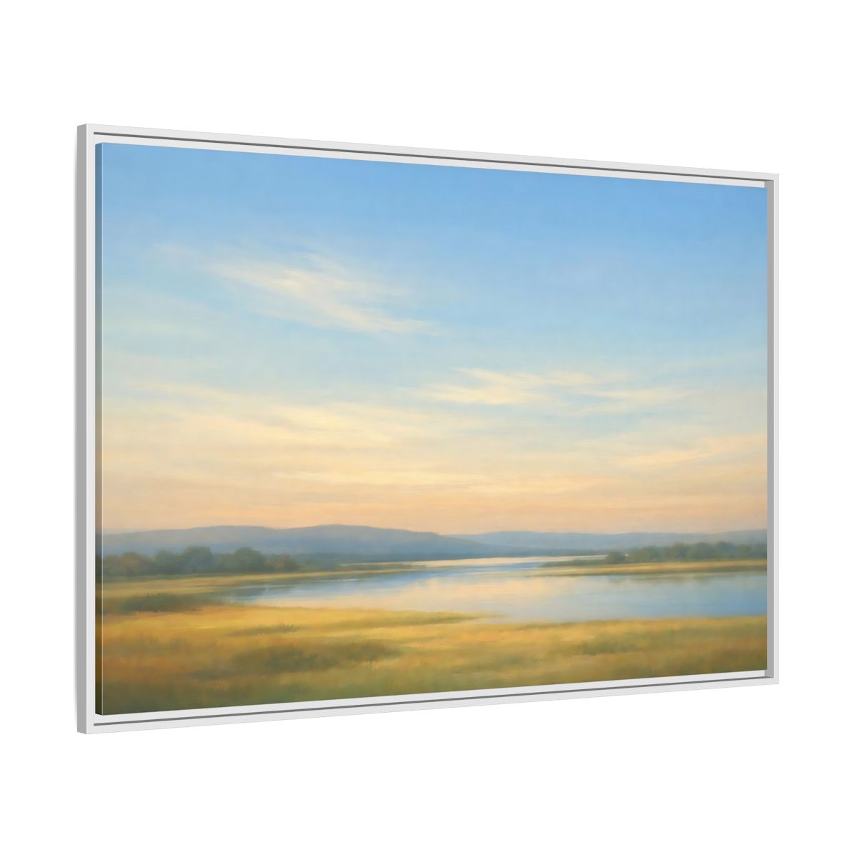 Side Mockup 7. Nature River Landscape Blue And Gold Landscape shown as stretched canvas wall art