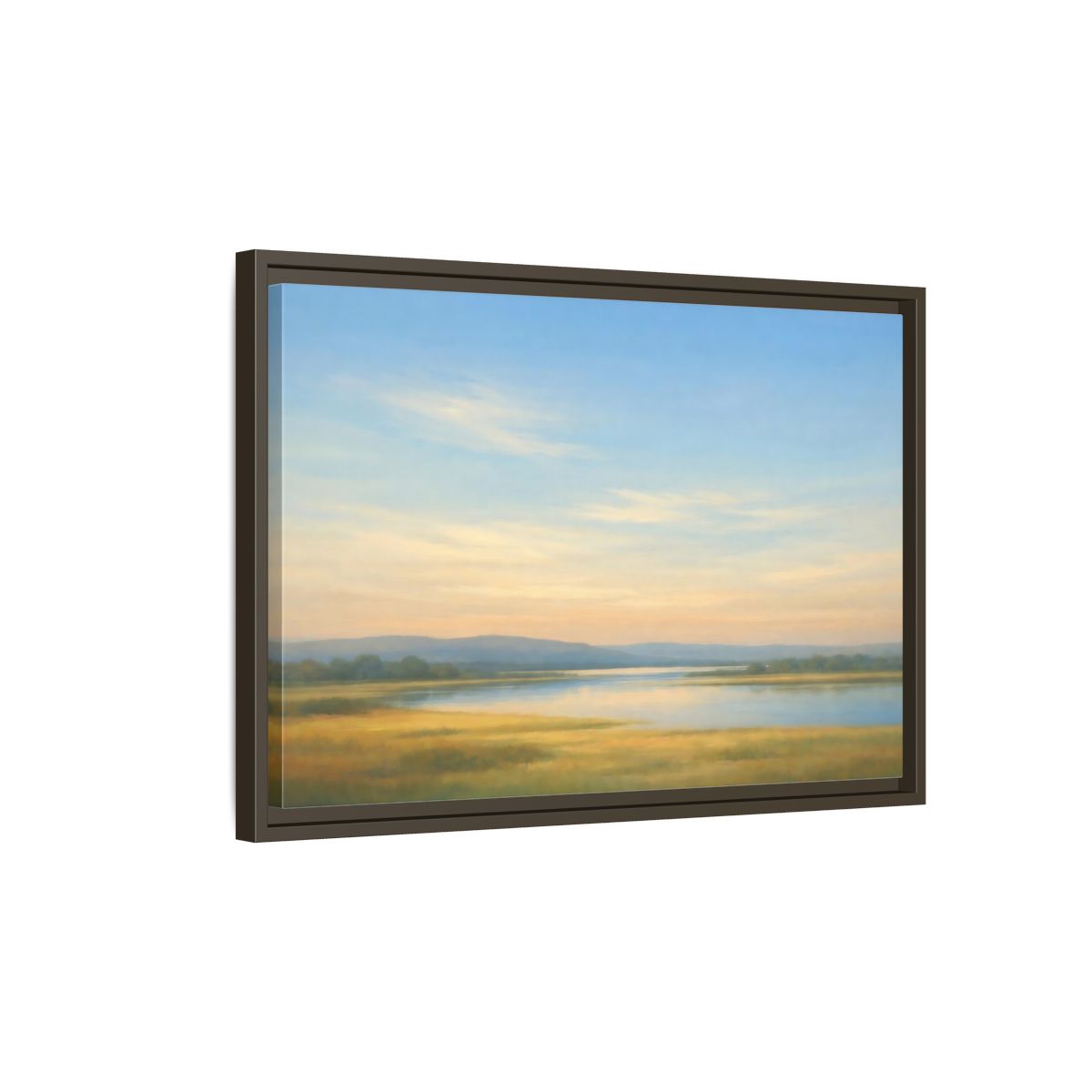 Side Mockup 2. Nature River Landscape Blue And Gold Landscape shown as stretched canvas wall art