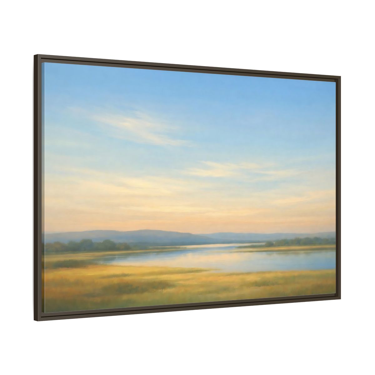 Side Mockup 8. Nature River Landscape Blue And Gold Landscape shown as stretched canvas wall art