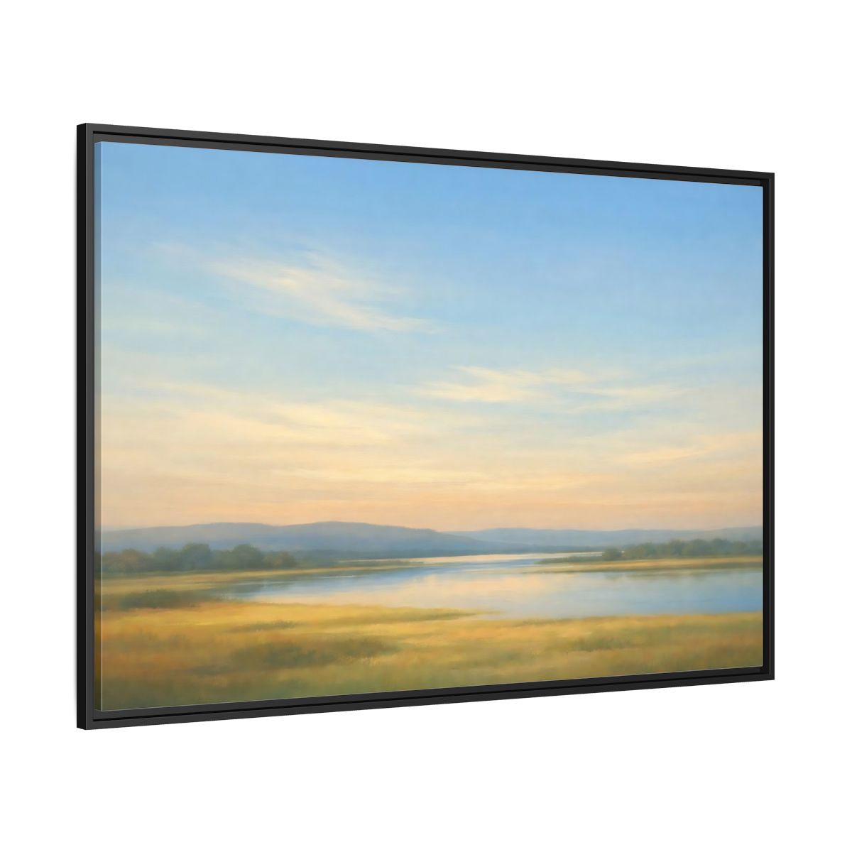 Side Mockup 12. Nature River Landscape Blue And Gold Landscape shown as stretched canvas wall art