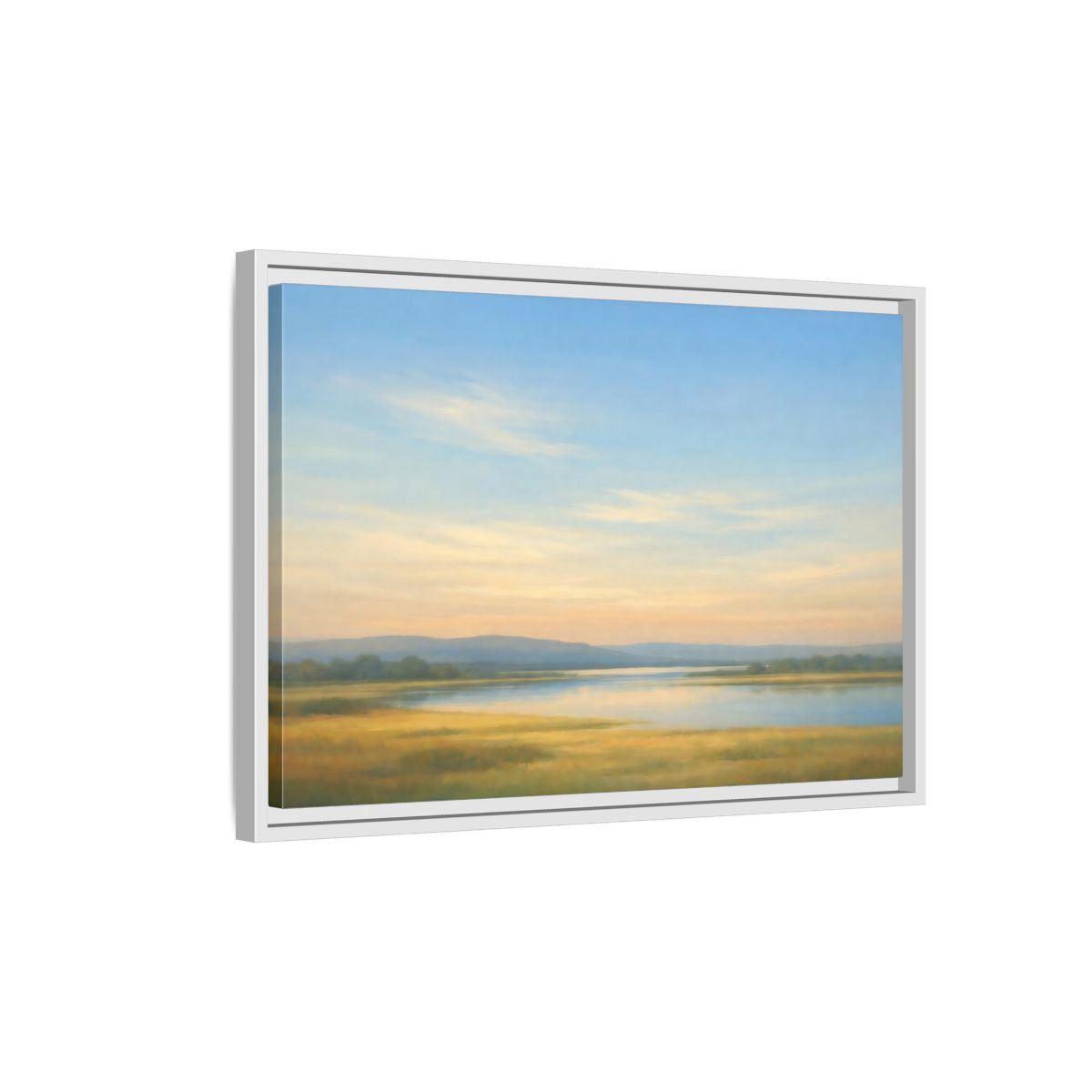Side Mockup 1. Nature River Landscape Blue And Gold Landscape shown as stretched canvas wall art