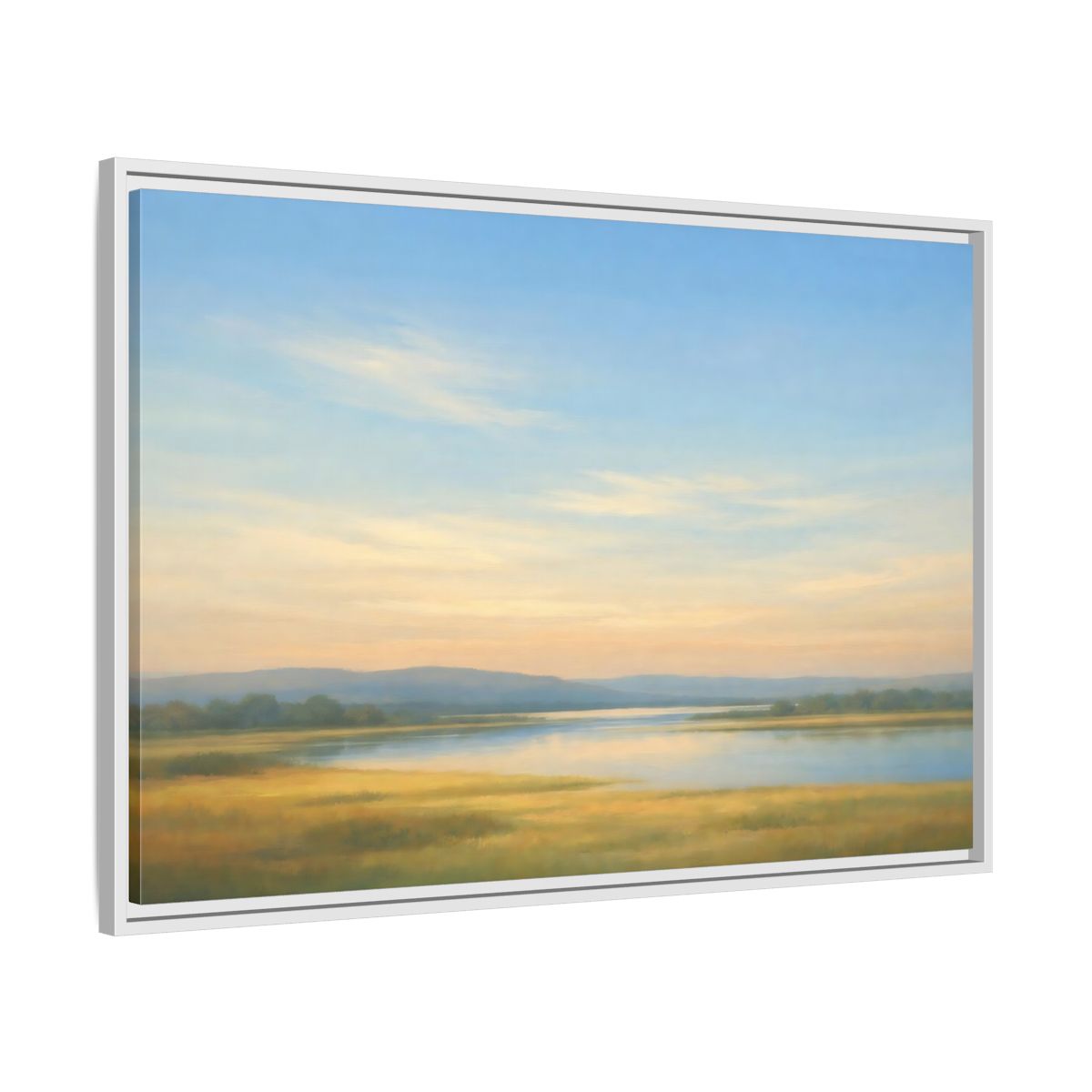 Side Mockup 9. Nature River Landscape Blue And Gold Landscape shown as stretched canvas wall art