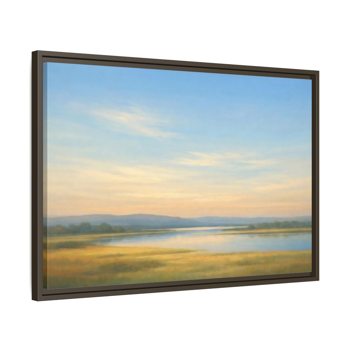 Side Mockup 11. Nature River Landscape Blue And Gold Landscape shown as stretched canvas wall art