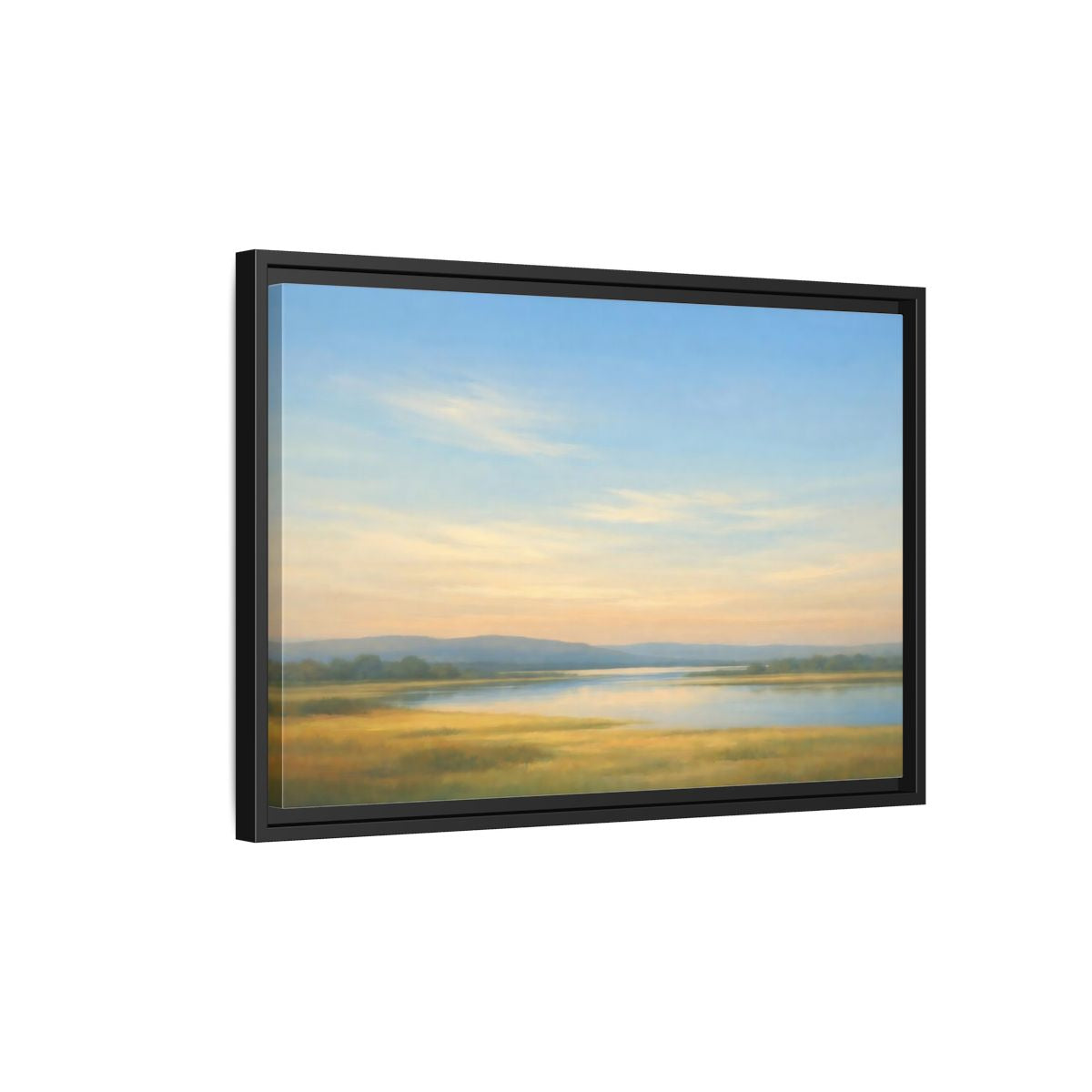 Side Mockup 3. Nature River Landscape Blue And Gold Landscape shown as stretched canvas wall art