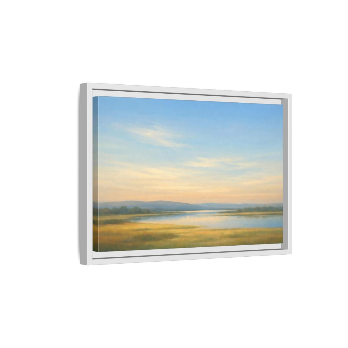Side Mockup 4. Nature River Landscape Blue And Gold Landscape shown as stretched canvas wall art