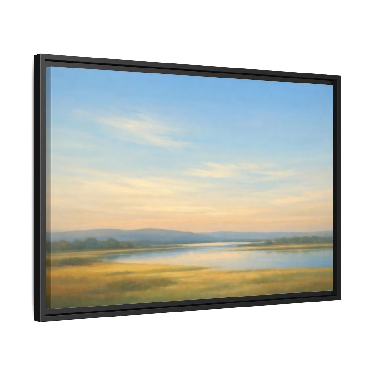 Side Mockup 14. Nature River Landscape Blue And Gold Landscape shown as stretched canvas wall art