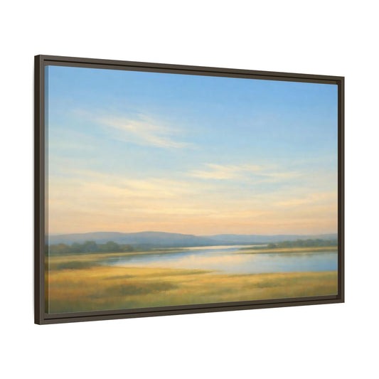 Main Mockup. Nature River Landscape Blue And Gold Landscape shown as stretched canvas wall art