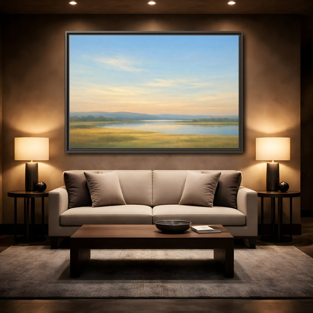 Mockup 2. Nature River Landscape Blue And Gold Landscape shown as stretched canvas wall art