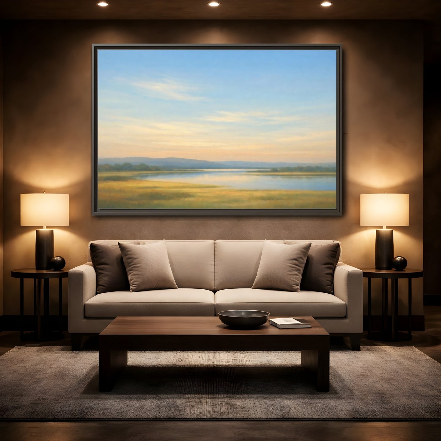 Mockup 2. Nature River Landscape Blue And Gold Landscape shown as stretched canvas wall art