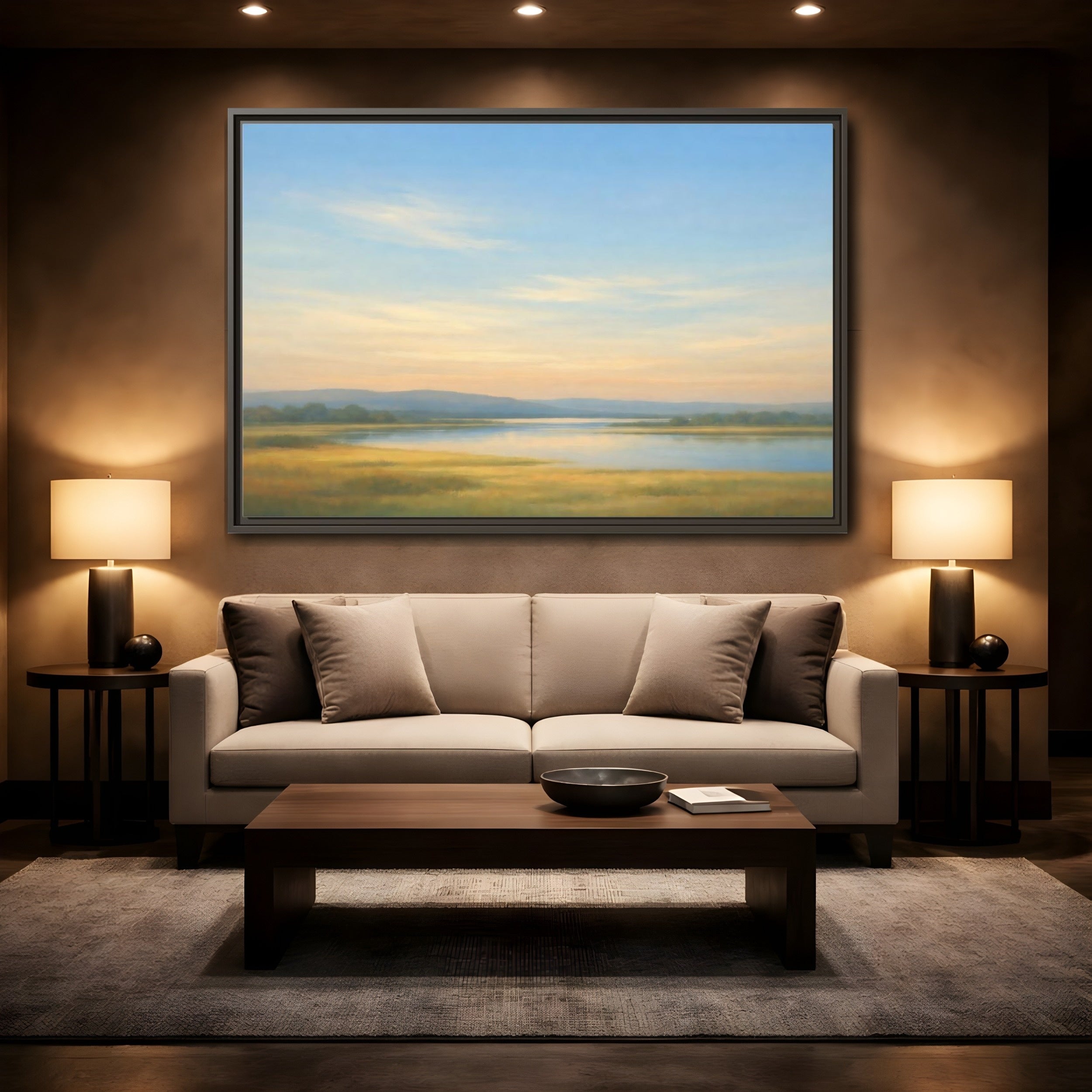Mockup 2. Nature River Landscape Blue And Gold Landscape shown as stretched canvas wall art