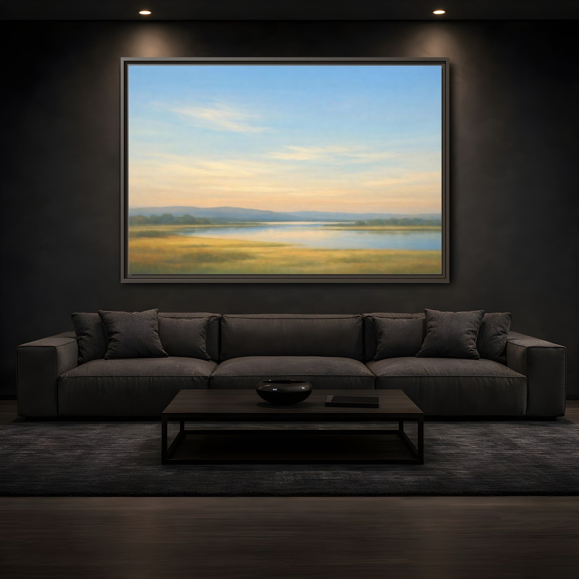 Mockup 3. Nature River Landscape Blue And Gold Landscape shown as stretched canvas wall art