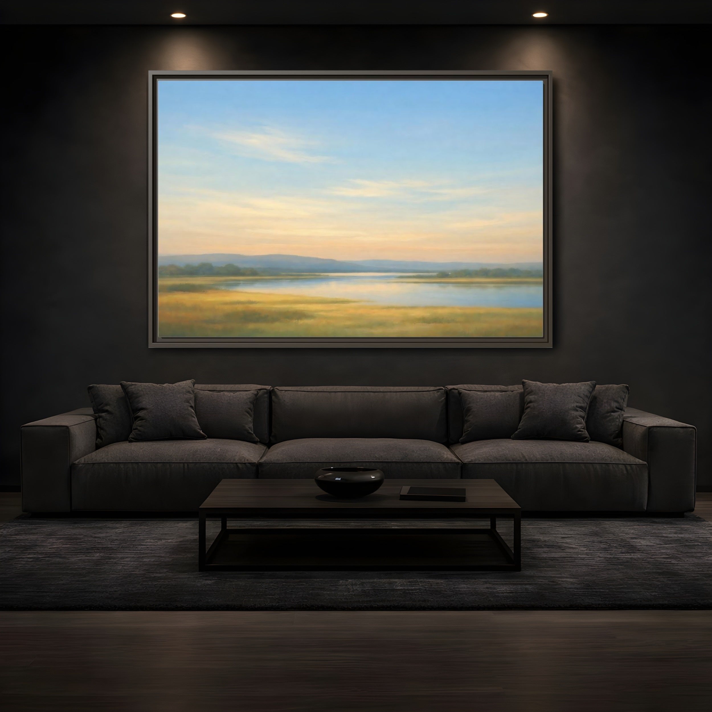 Mockup 3. Nature River Landscape Blue And Gold Landscape shown as stretched canvas wall art